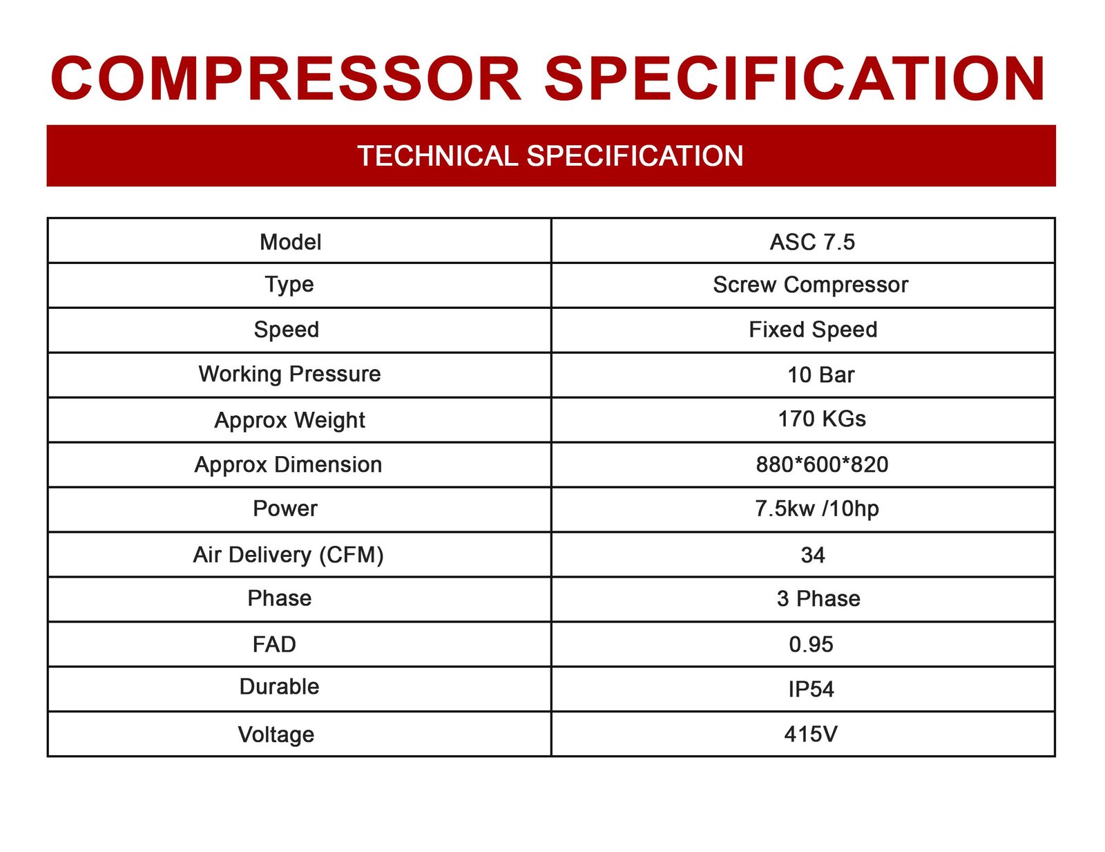 AIR SCREW COMPRESSOR - ASC 7.5 - (10 BAR) - Image 7